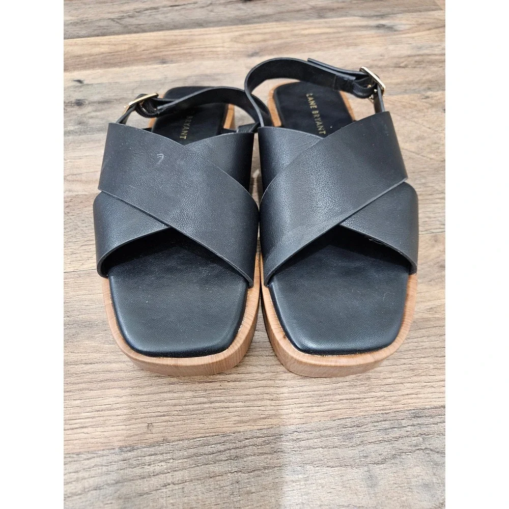 Lane Bryant Black Crisscross Slingback Platform Sandals 8W Wood Grain Sole BNWT‎